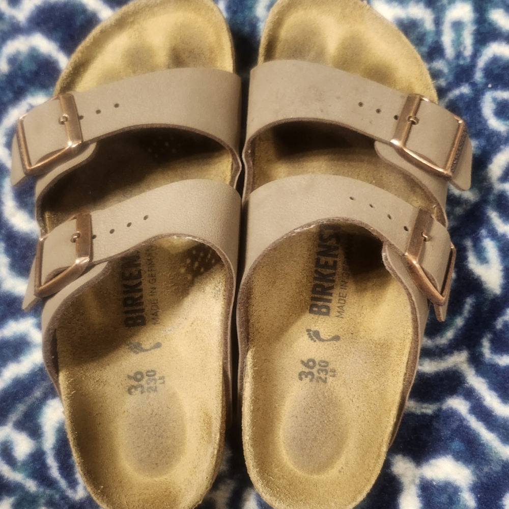 Womens Birkenstock Two-Strap Sandals in Taupe with Rose Gold Buckles